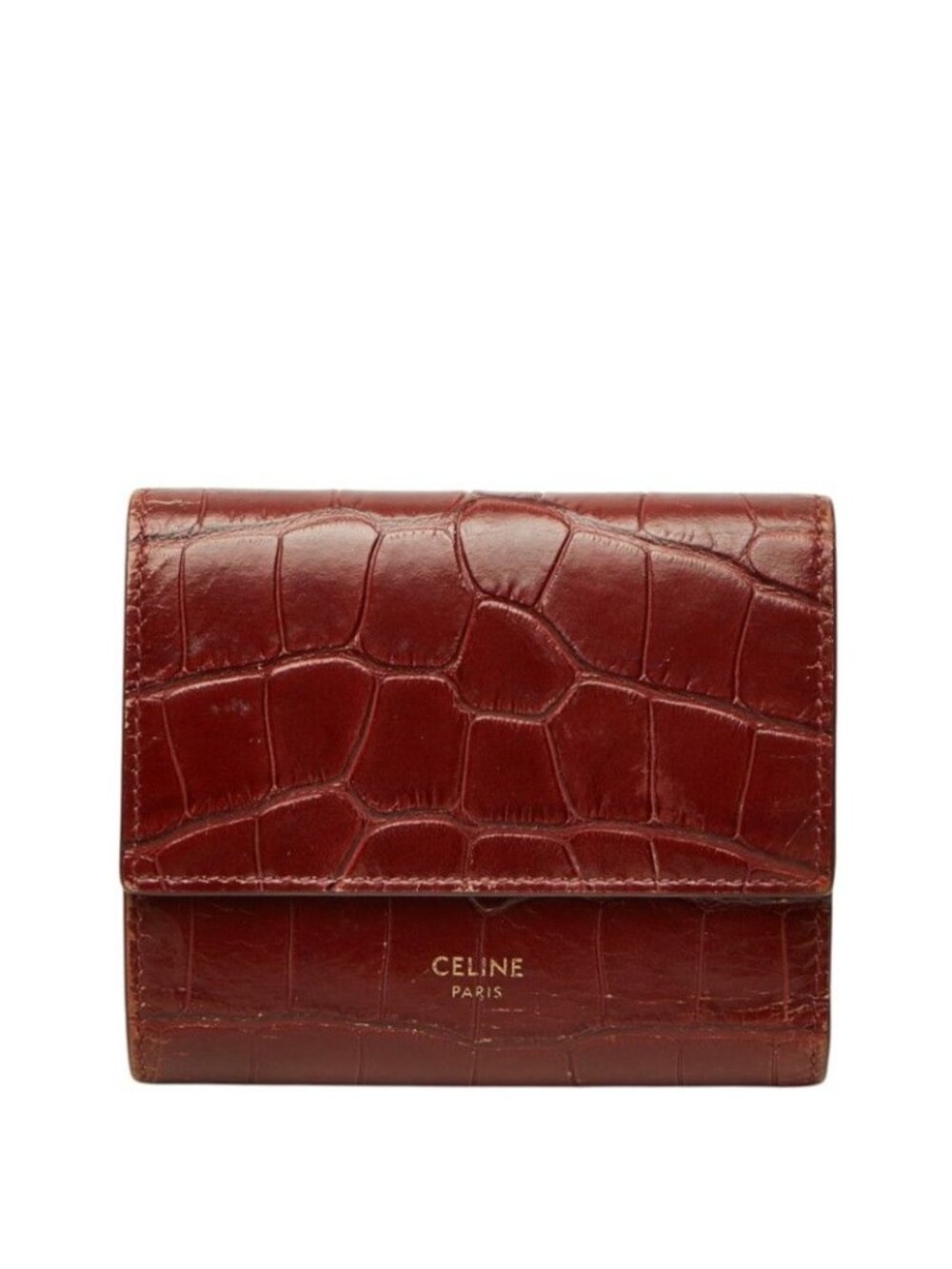 Celine Croc Embossed Small Trifold Wallet Red Leather